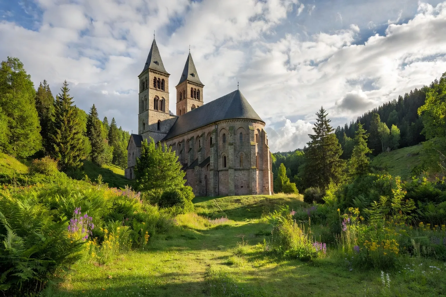 Vue extérieure de l’abbatiale de Murbach dans son cadre vosgien
