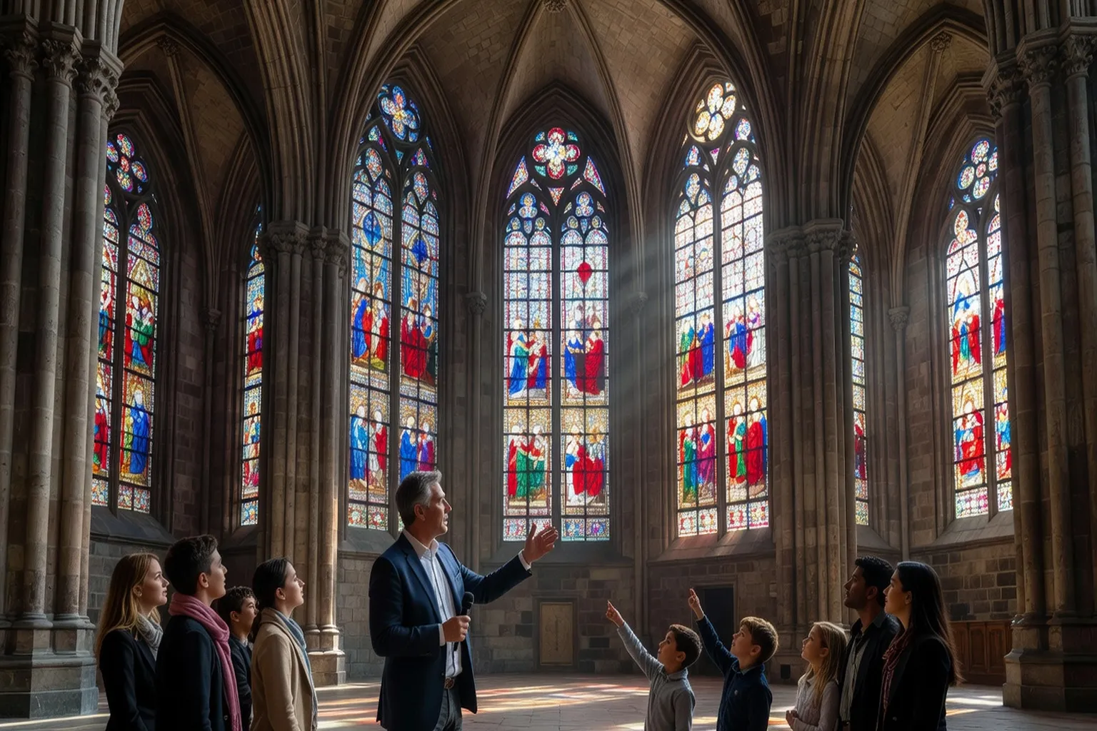 Enfants en visite à la cathédrale de Strasbourg avec un guide conférencier