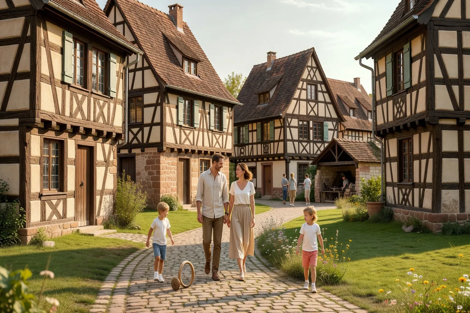 Famille visitant une maison alsacienne à colombages dans un musée de plein air