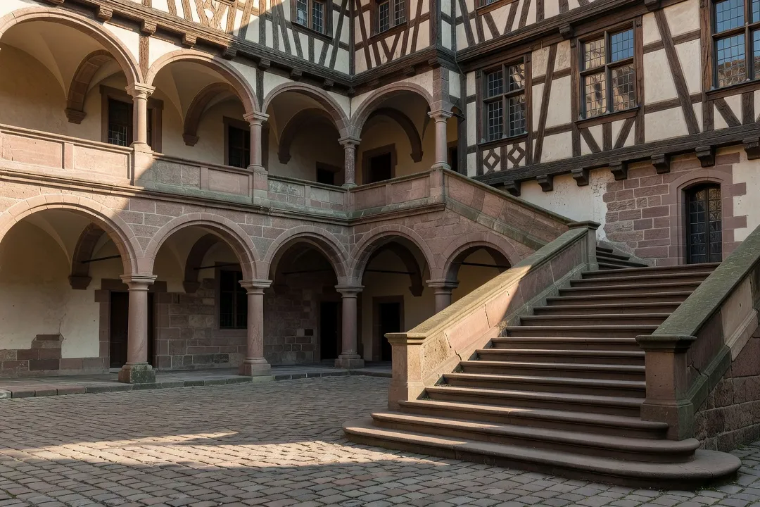 Cour intérieure à arcades d’un hôtel de ville Renaissance en Alsace, escalier de pierre et colombages