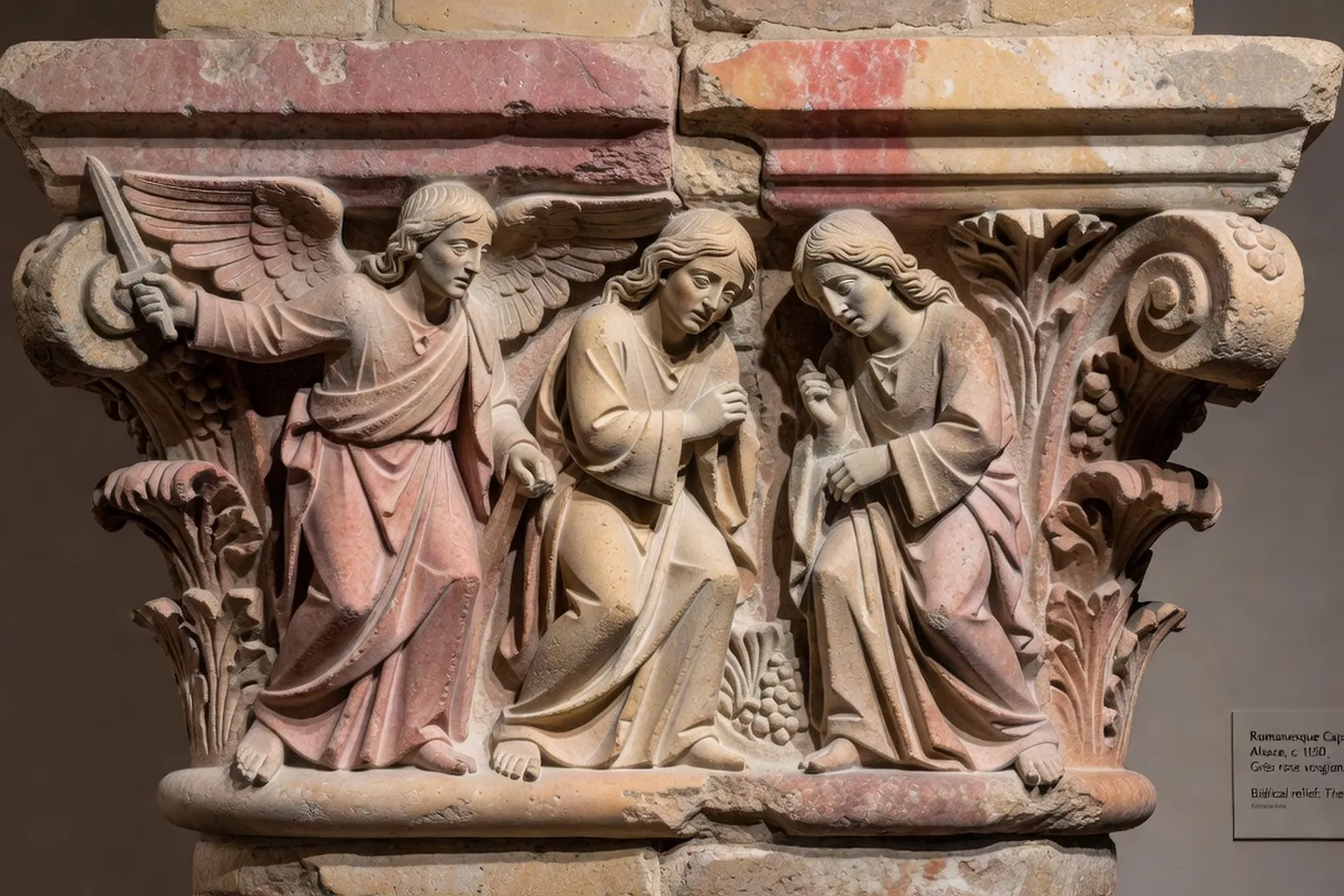 Chapiteau roman sculpté en grès rose vosgien