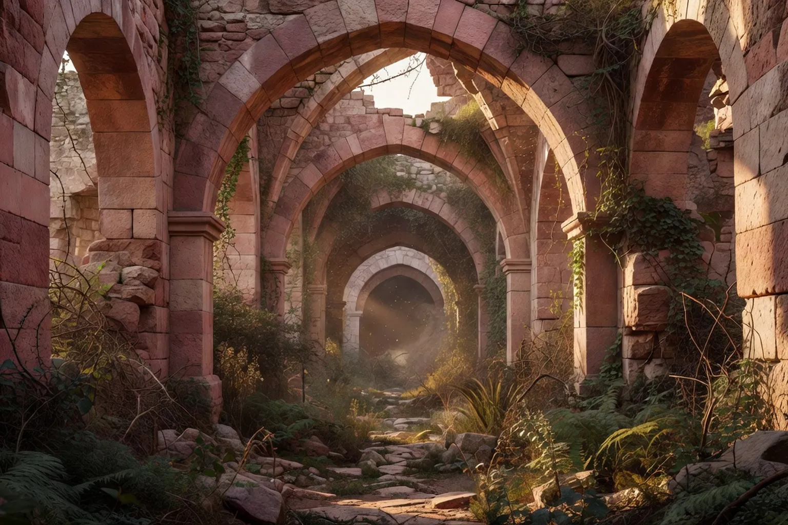 Intérieur d’un château fort médiéval en grès rose