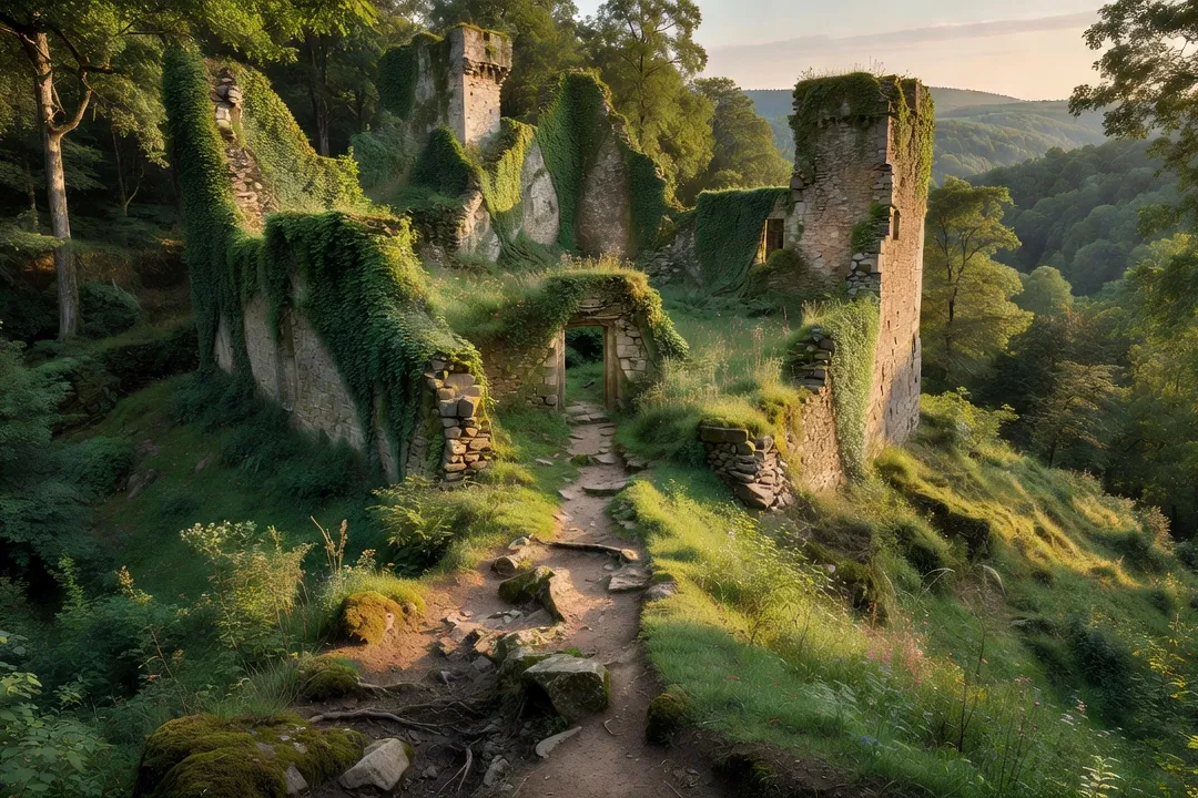 Ruine de château accessible par un sentier forestier, accès libre sans barrière, Vosges