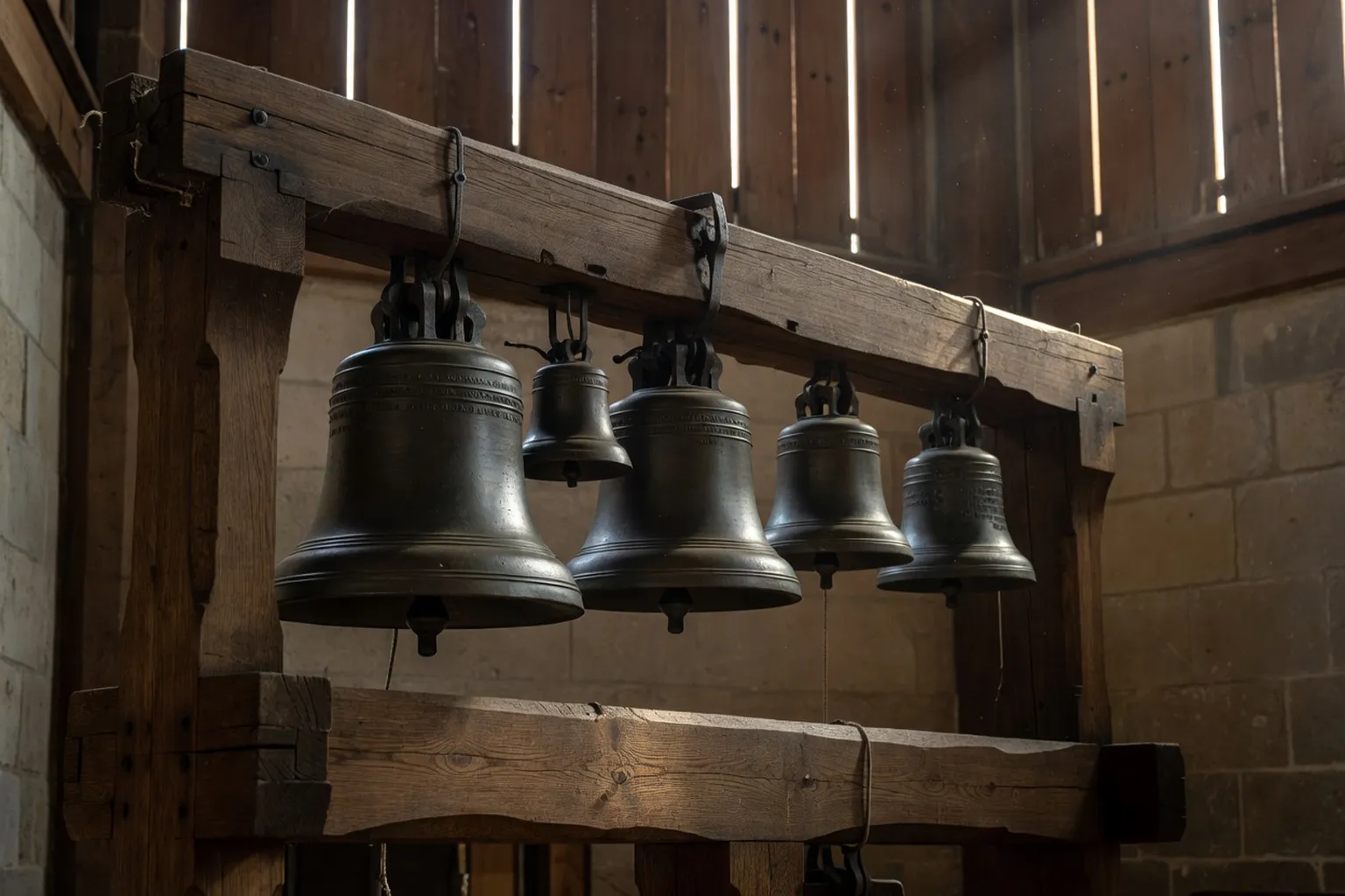 Carillon de cloches accordées dans un clocher alsacien, vue du mécanisme et des battants