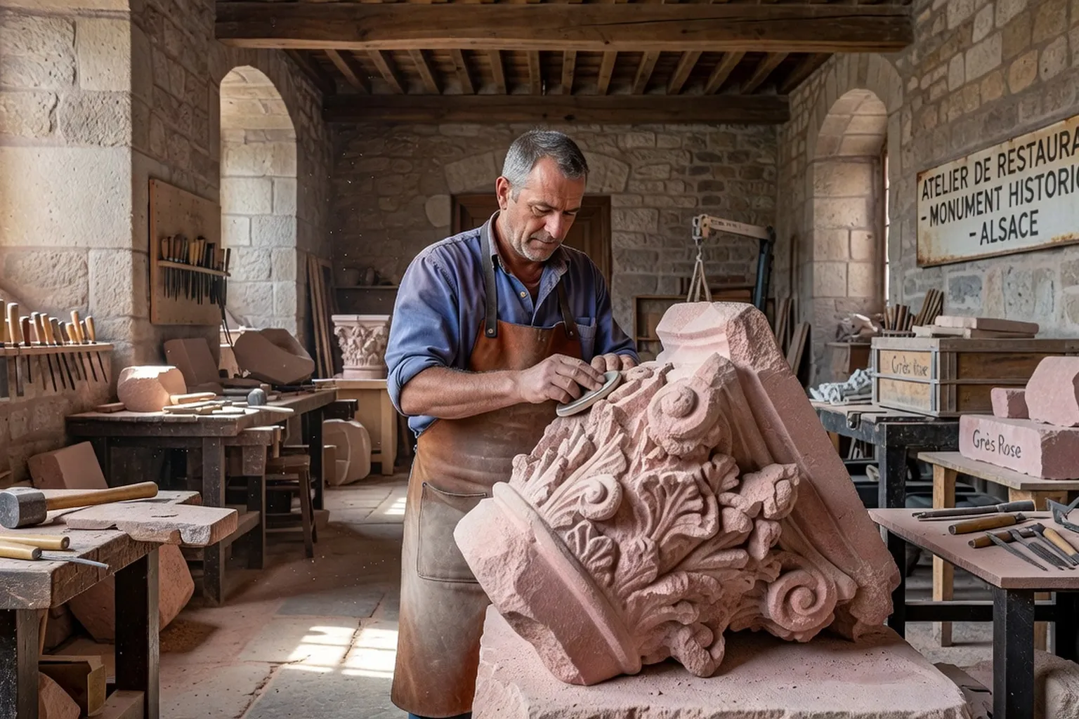 Atelier de conservation d’une sculpture en grès rose