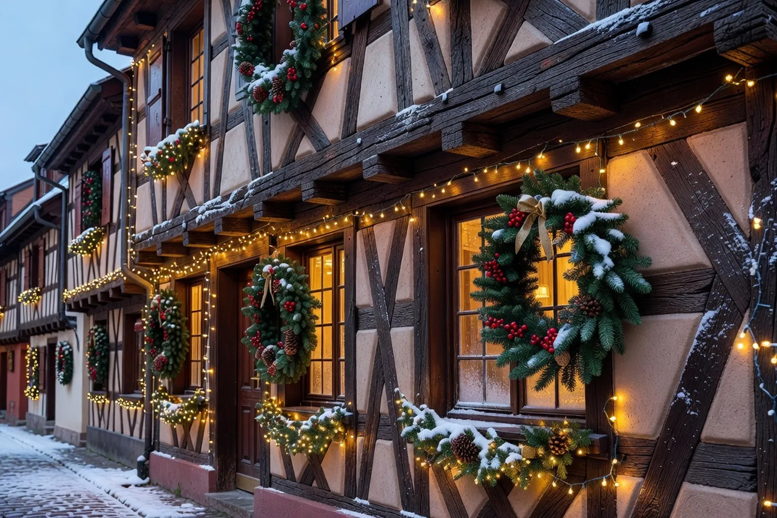 Chalets de marché de Noël devant une cathédrale alsacienne illuminée le soir