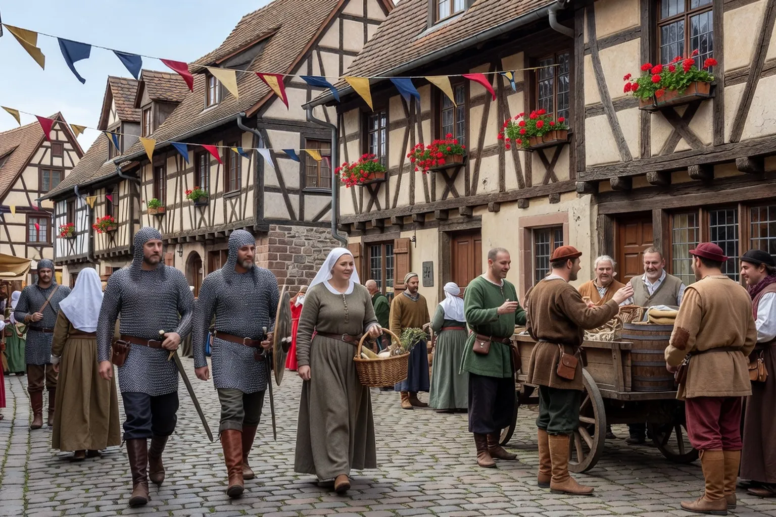 Cortège de vendangeurs en costume traditionnel devant une porte fortifiée médiévale en Alsace