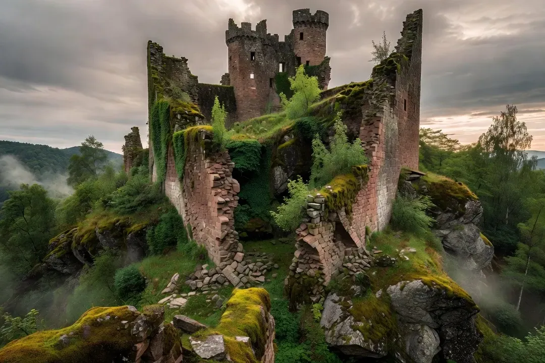Ruines d’un château fort médiéval en Alsace sur fond de Vosges