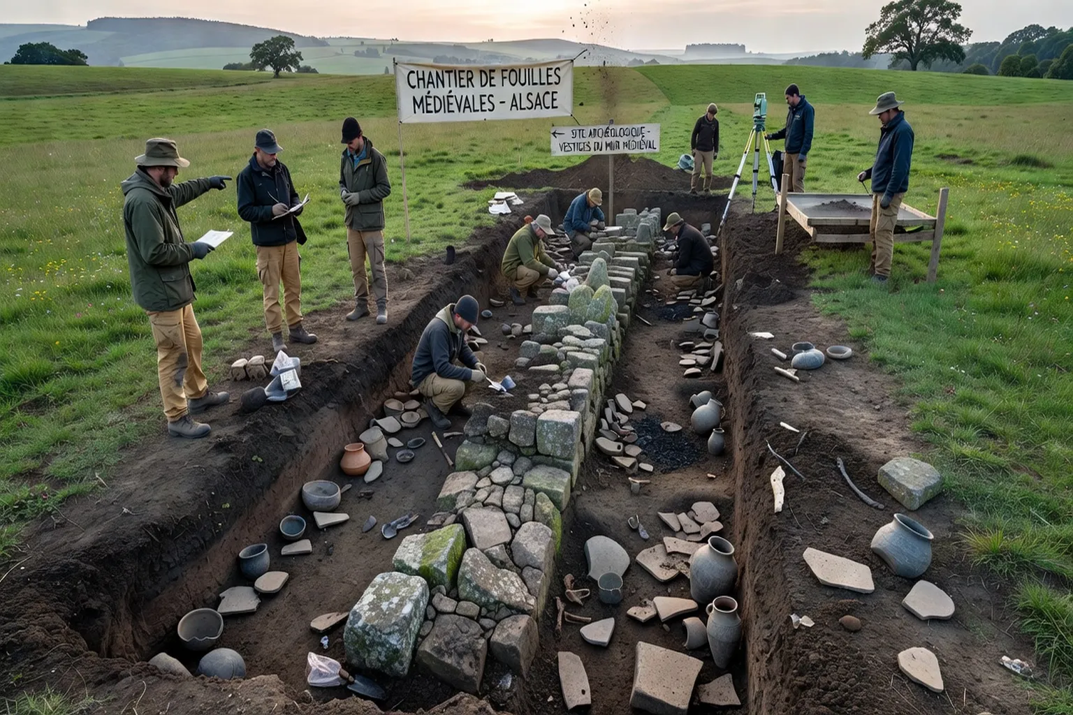 Chantier de fouilles archéologiques dans un château alsacien, tessons de céramique médiévale