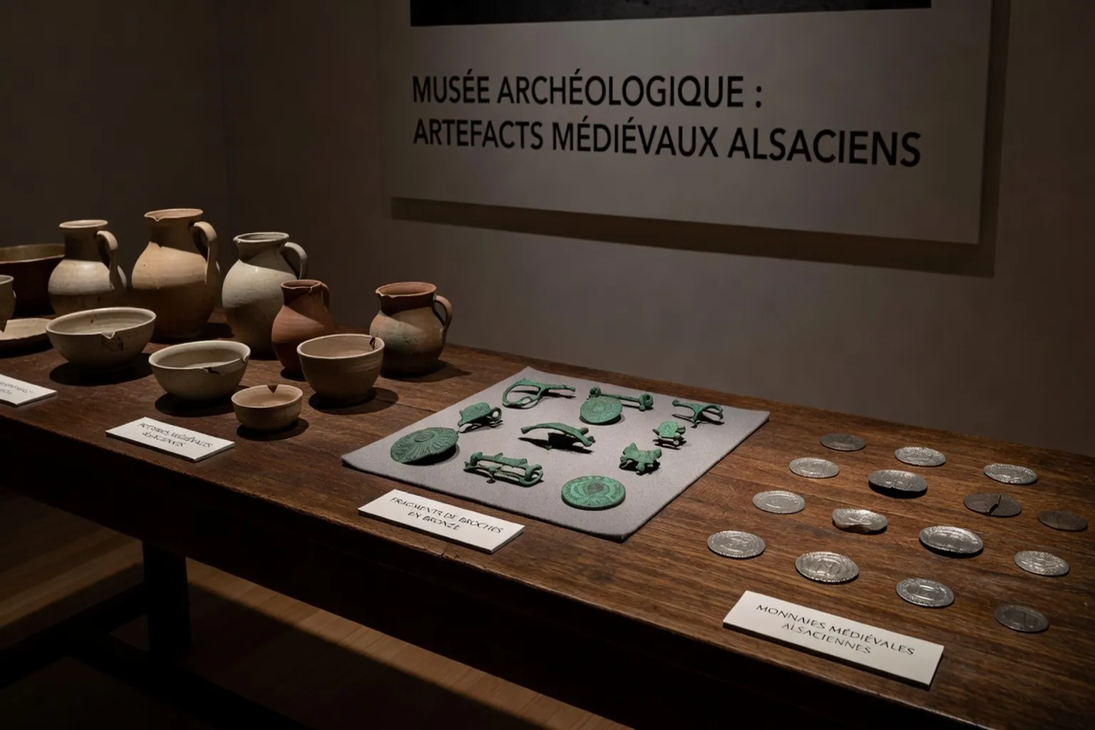 Artefacts médiévaux alsaciens exposés dans un musée — poteries, broches, pièces de monnaie
