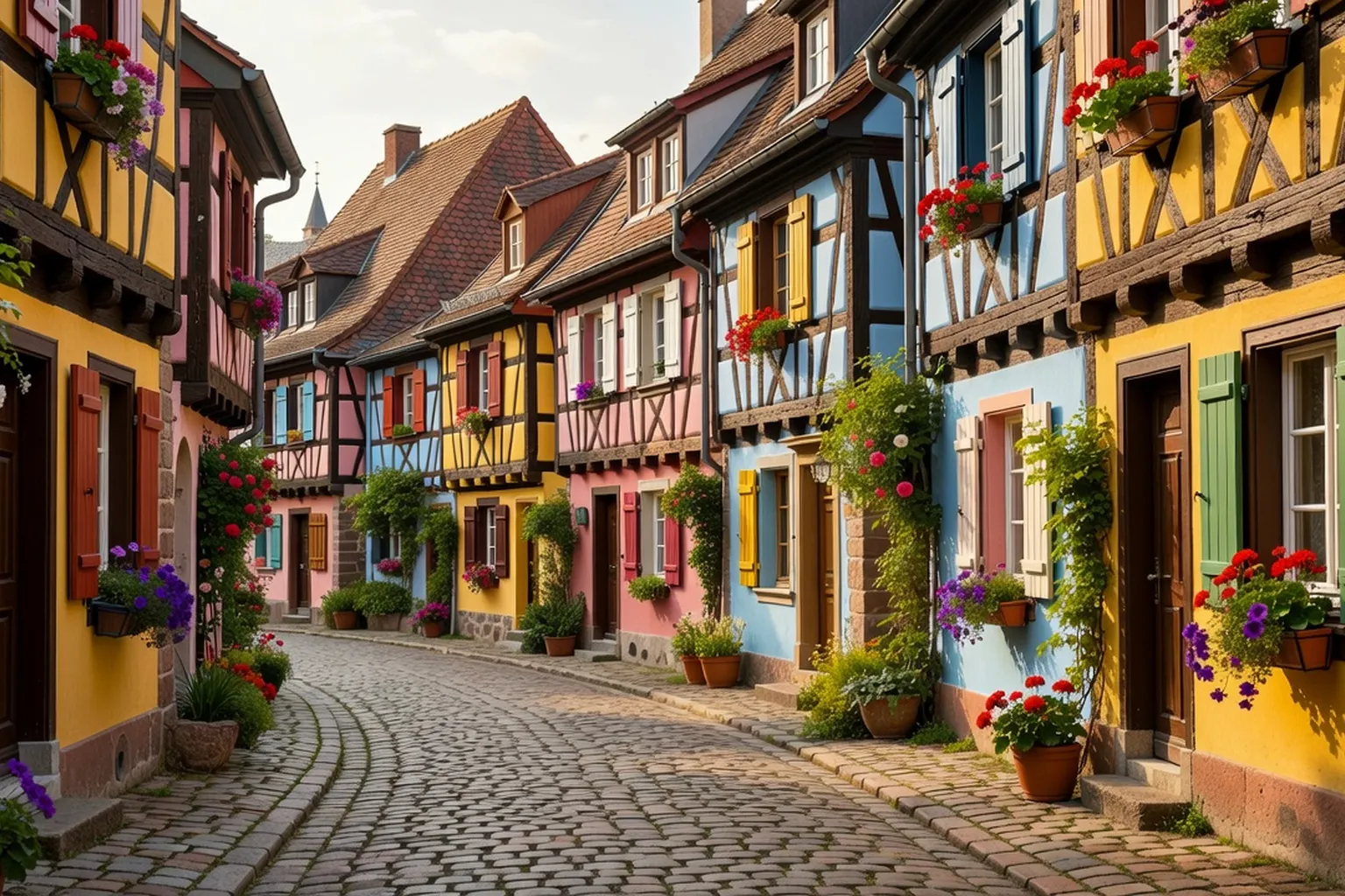 Ruelle pavée bordée de maisons à colombages colorées dans un village alsacien