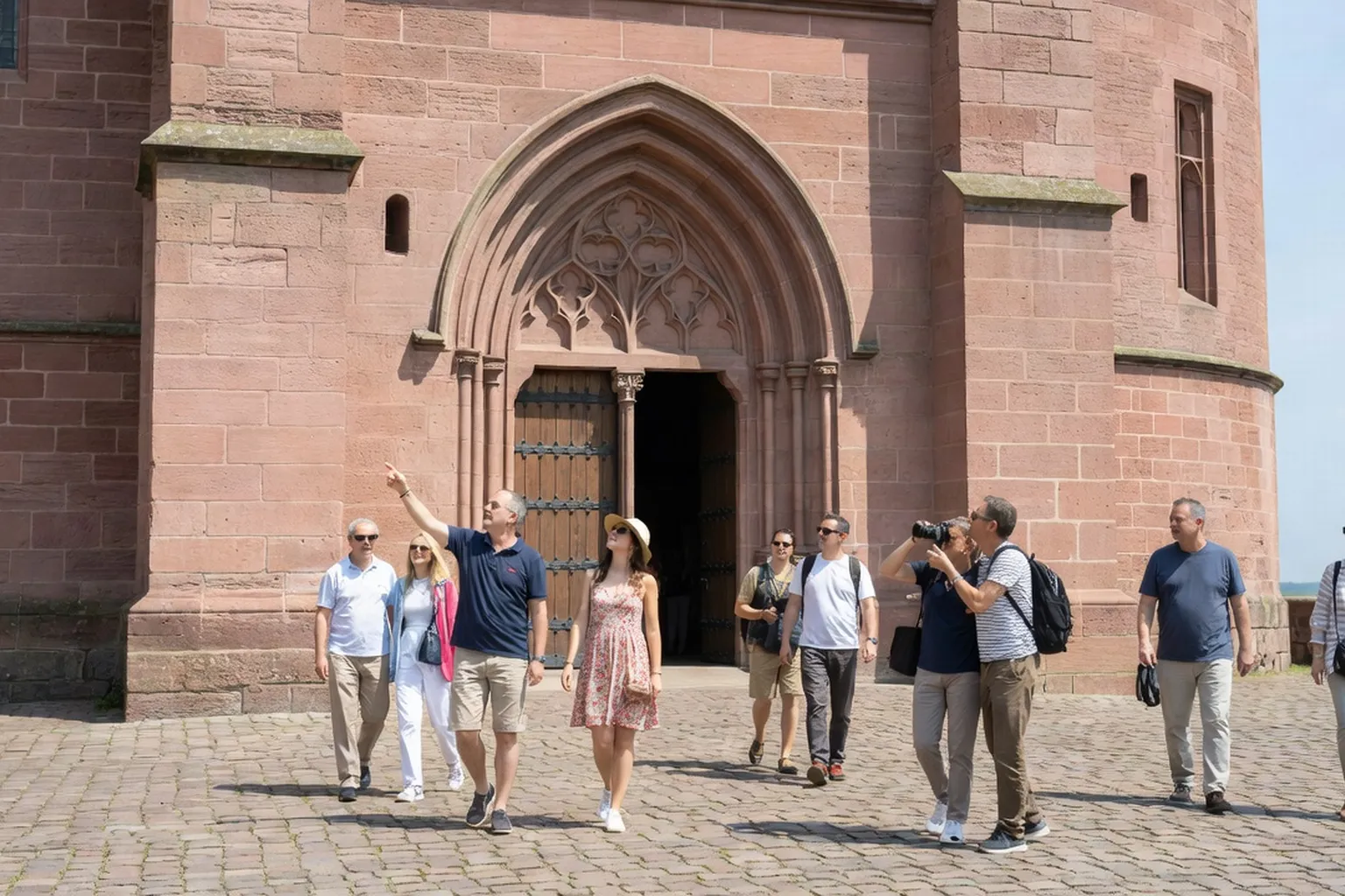 Cour intérieure pavée d’un monument historique alsacien avec colonnade en grès rose