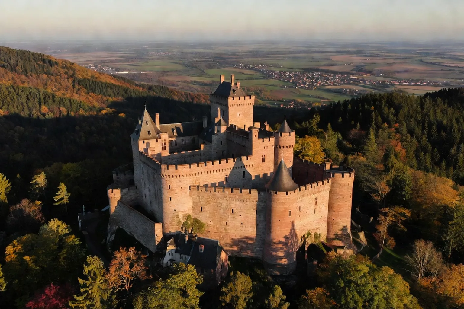 Vue aérienne du château et de la plaine d’Alsace