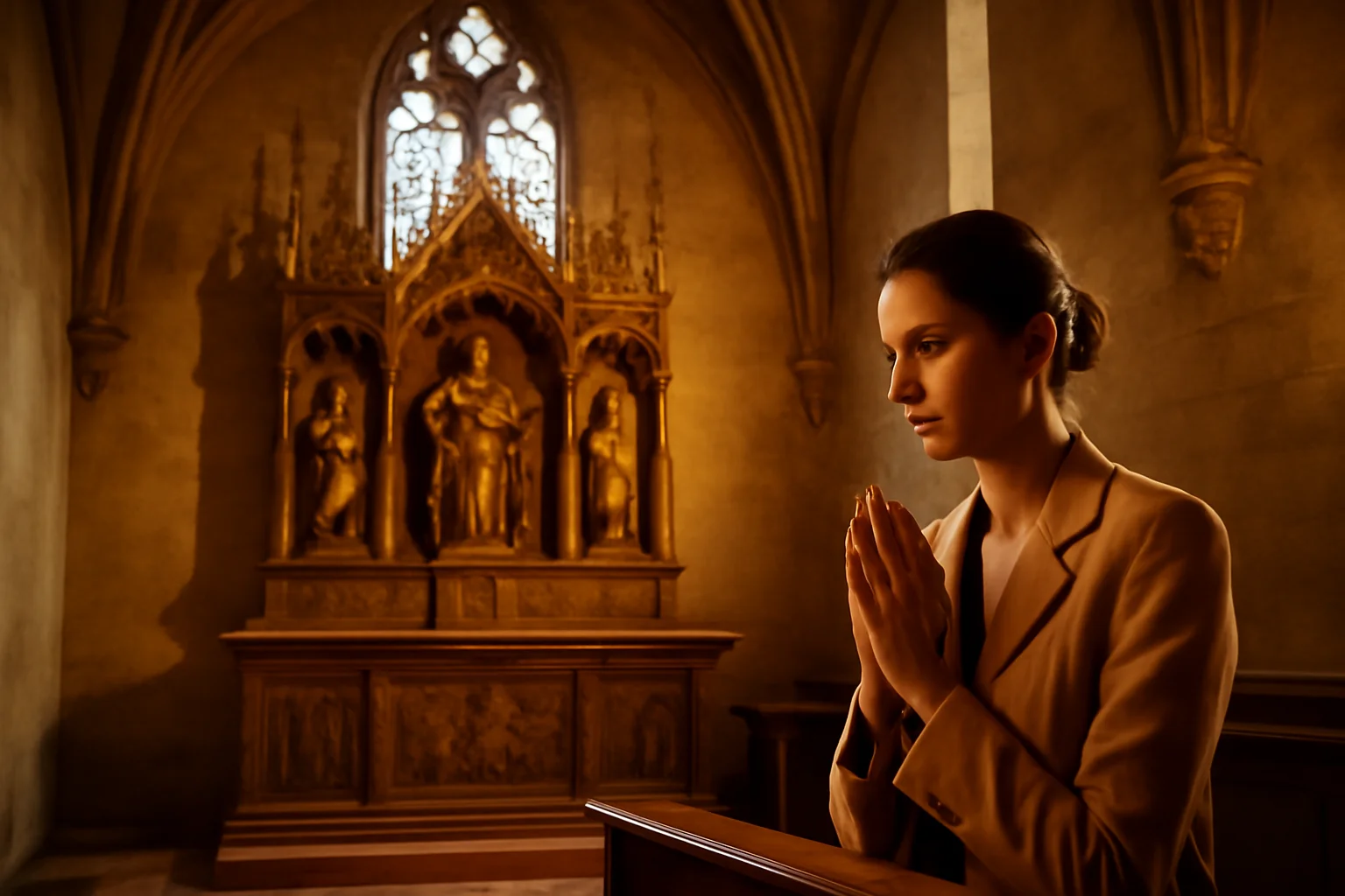 Intérieur d'une chapelle d'ancien hôpital alsacien avec un retable sculpté et une verrière