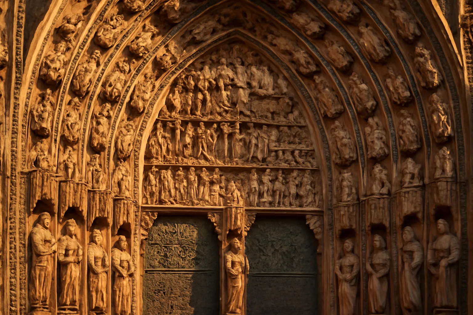 Détail de la façade de la cathédrale de Strasbourg avec son grès rose vosgien