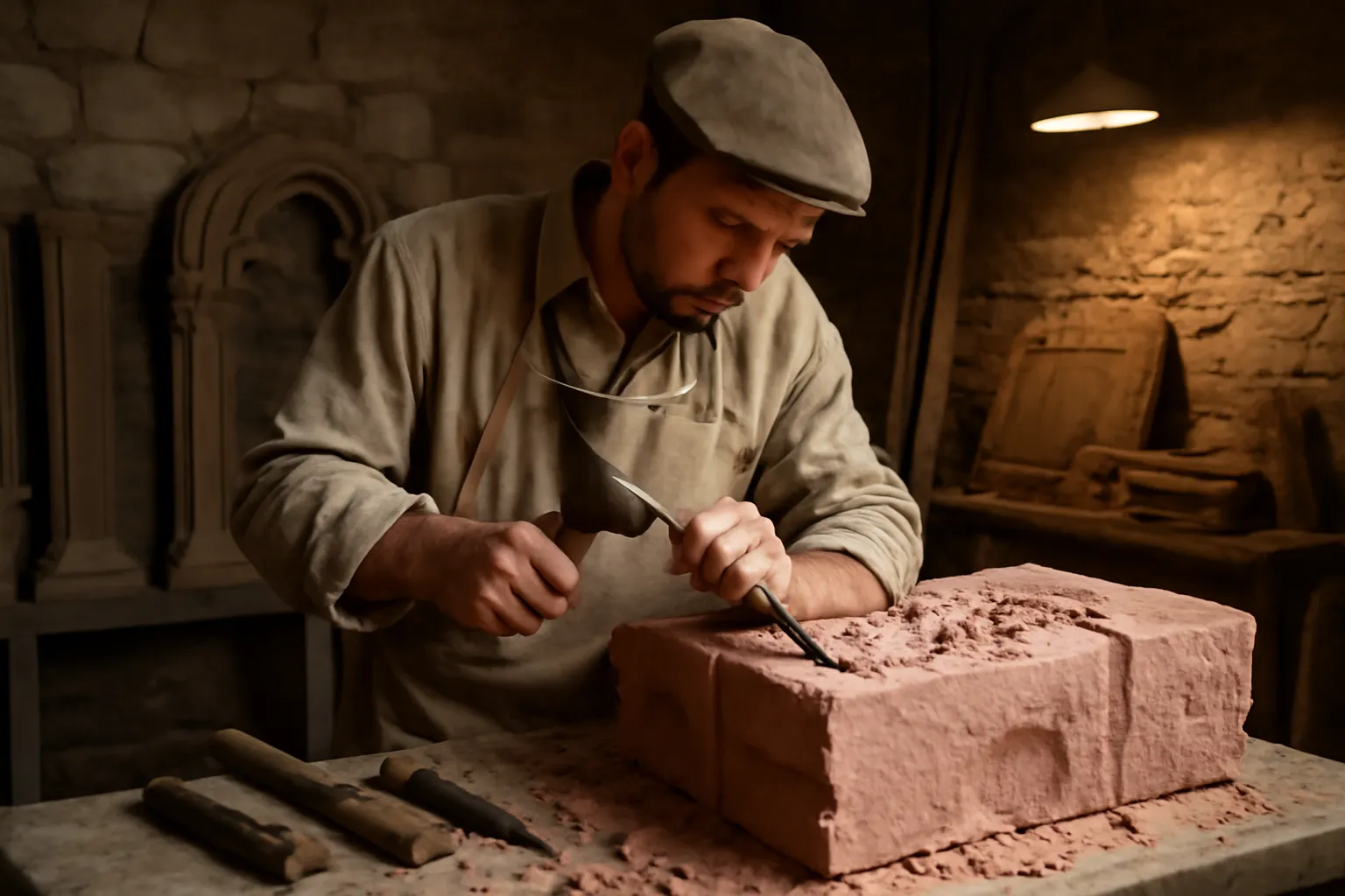 L’atelier de taille de pierre de la cathédrale de Strasbourg avec un tailleur de pierre au travail