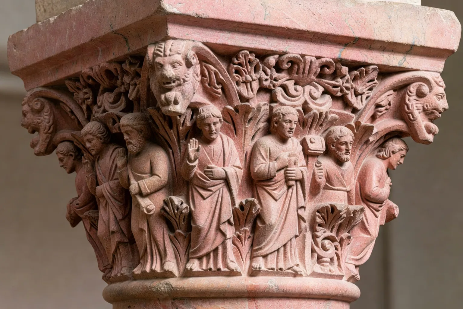 Détail sculpté d’un chapiteau roman le long d’un itinéraire de visite en Alsace