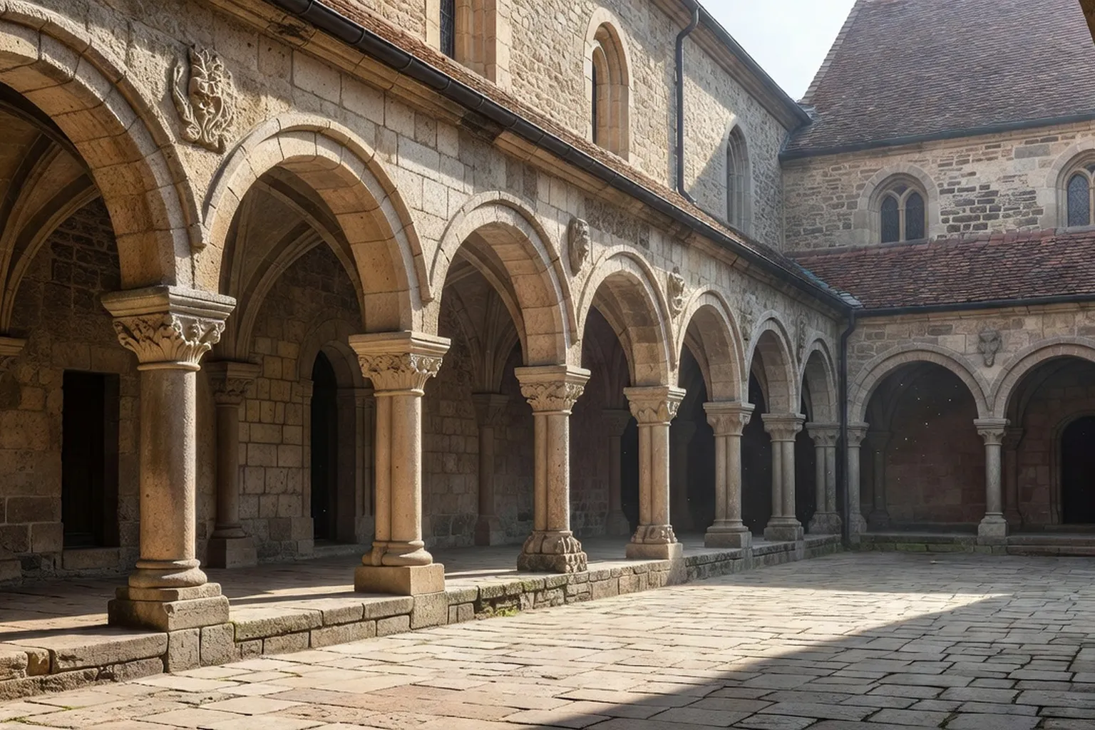 Vue d’ensemble d’une abbatiale romane alsacienne au petit matin, sans visiteurs