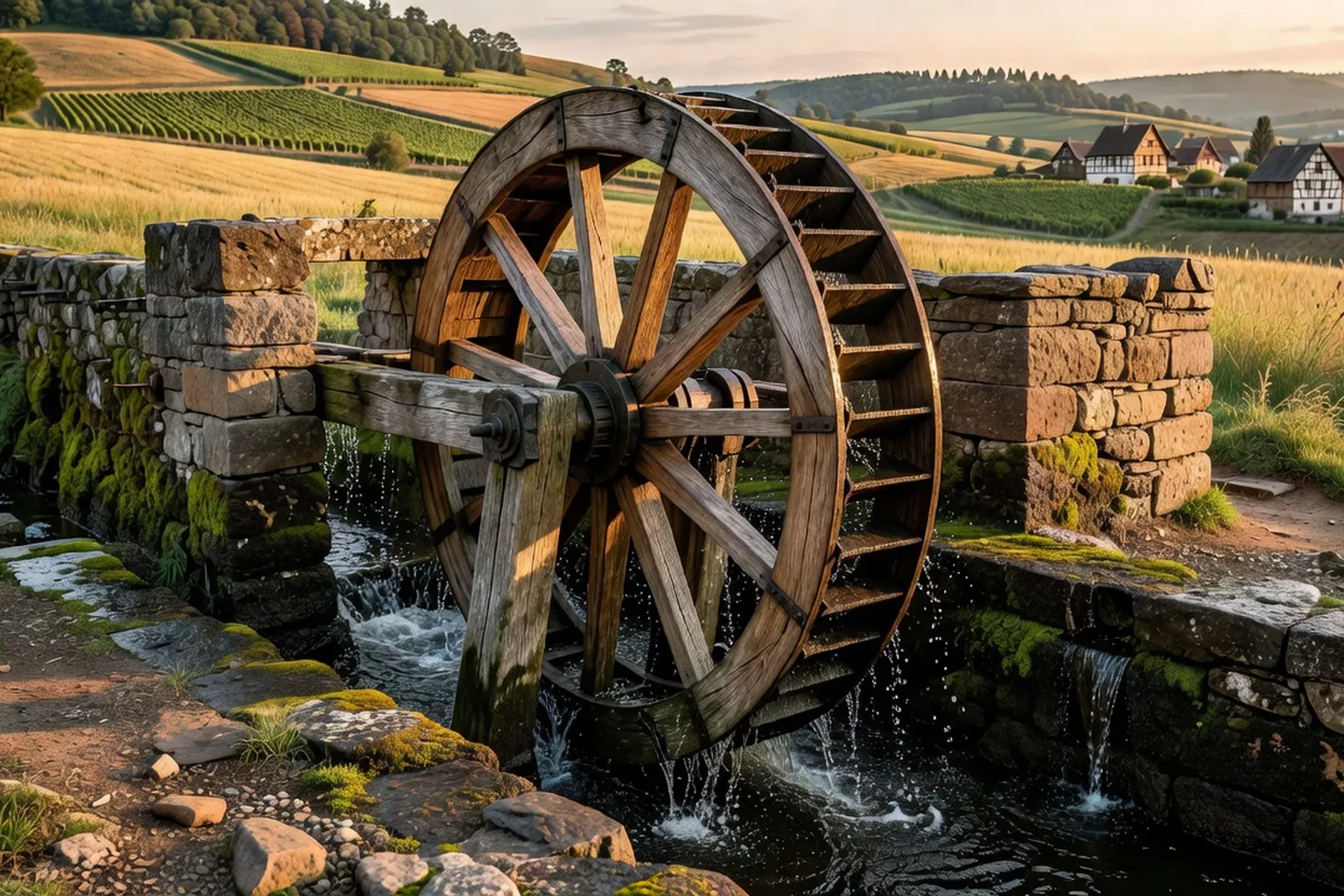 Détail d’une roue à aubes en bois d’un moulin alsacien traditionnel