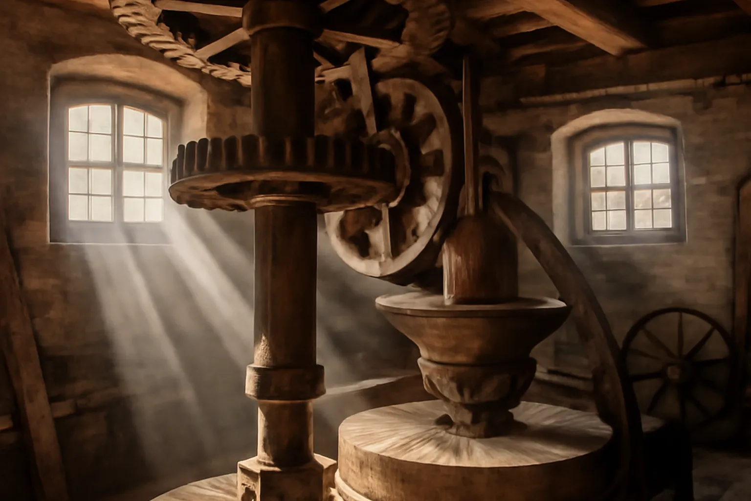 Intérieur d’un moulin ancien avec mécanisme d’engrenages en bois et pierre meulière