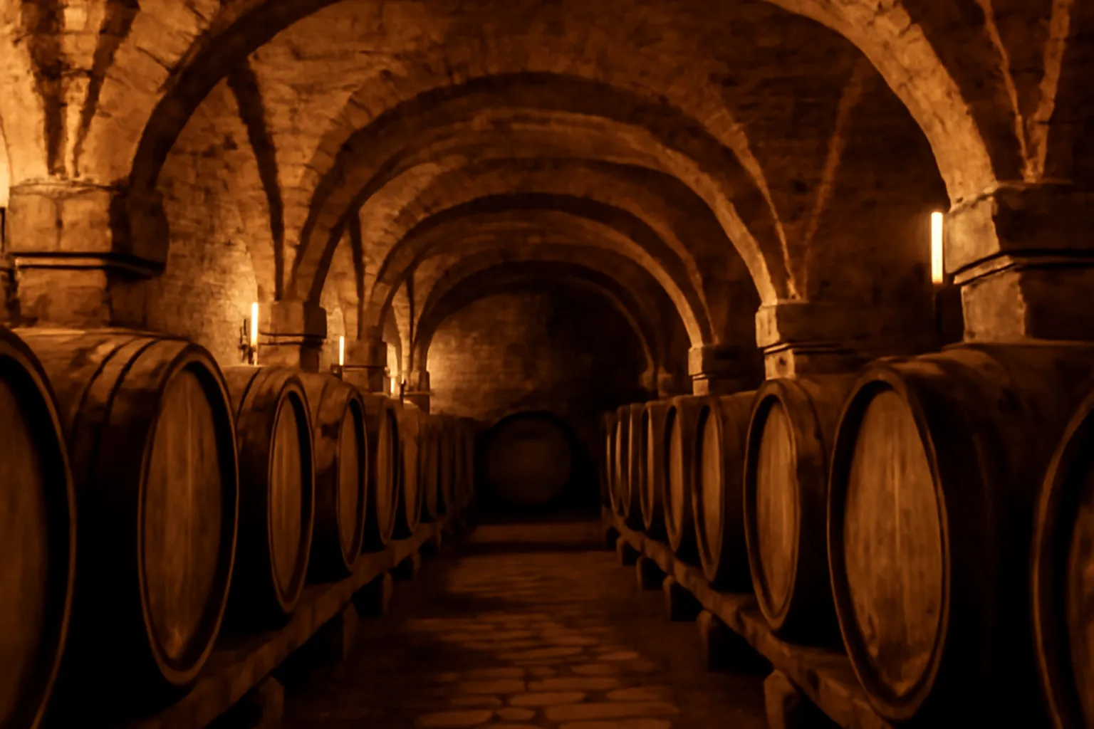 Cave voûtée en pierre historique d’un domaine viticole alsacien, tonneaux de chêne alignés sous une voûte en berceau