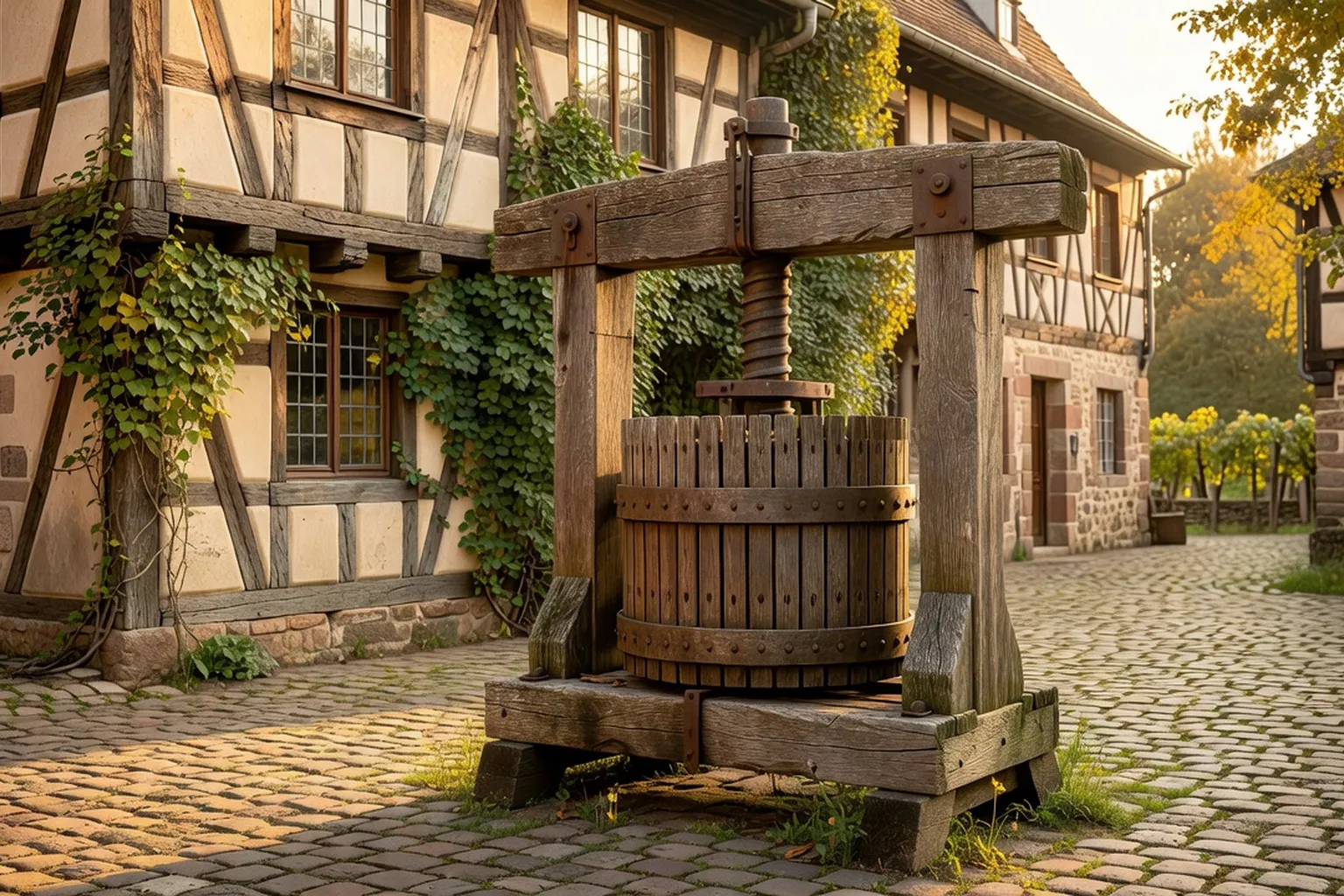 Village viticole alsacien à colombages sur la route des vins, ruelle pavée bordée de maisons anciennes et de vignes
