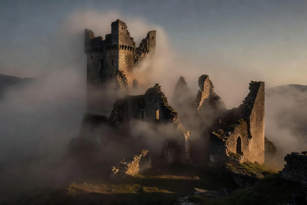 Tour de château en ruine enveloppée de brume au crépuscule dans les Vosges, atmosphère légendaire