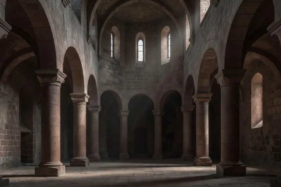 Vue de l’intérieur d’une église romane alsacienne avec ses arcs en plein cintre et ses piliers