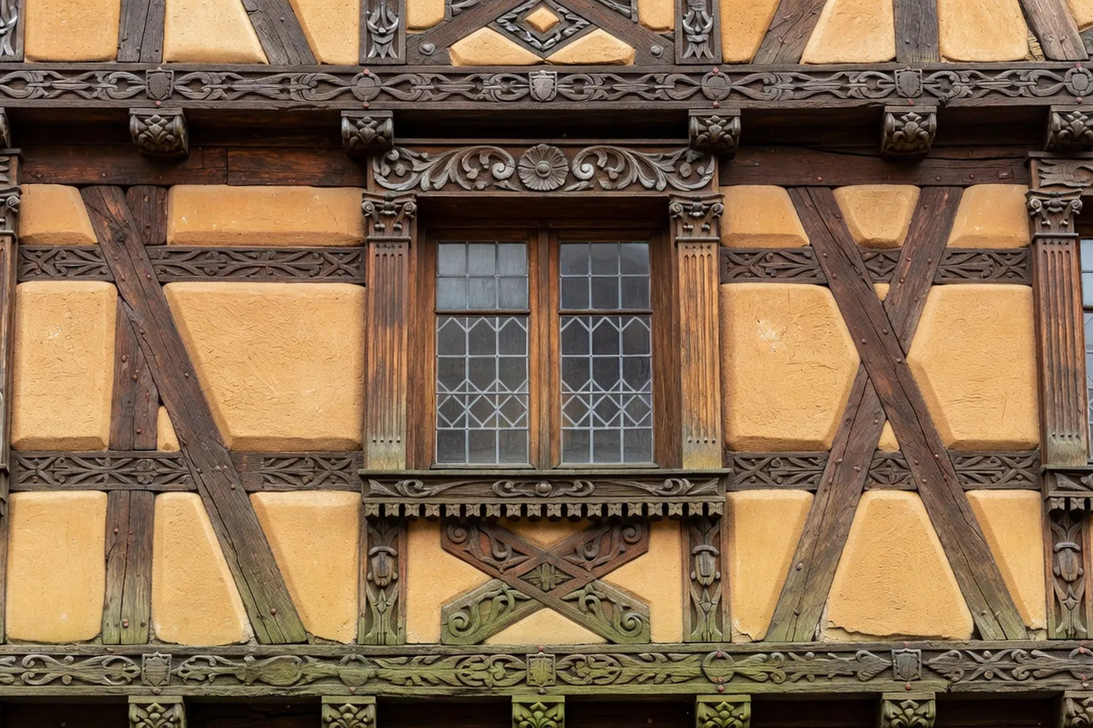 Façade alsacienne à colombages avec oriel et géraniums