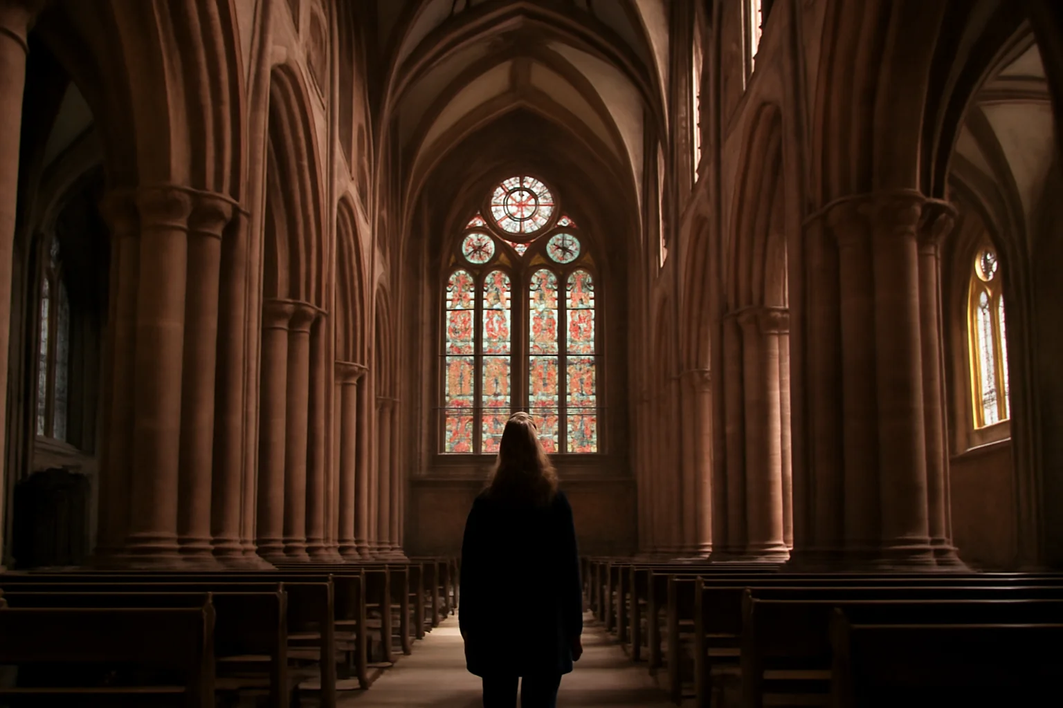 Visiteuse admirant les vitraux et la nef gothique d'une grande église alsacienne en grès rose