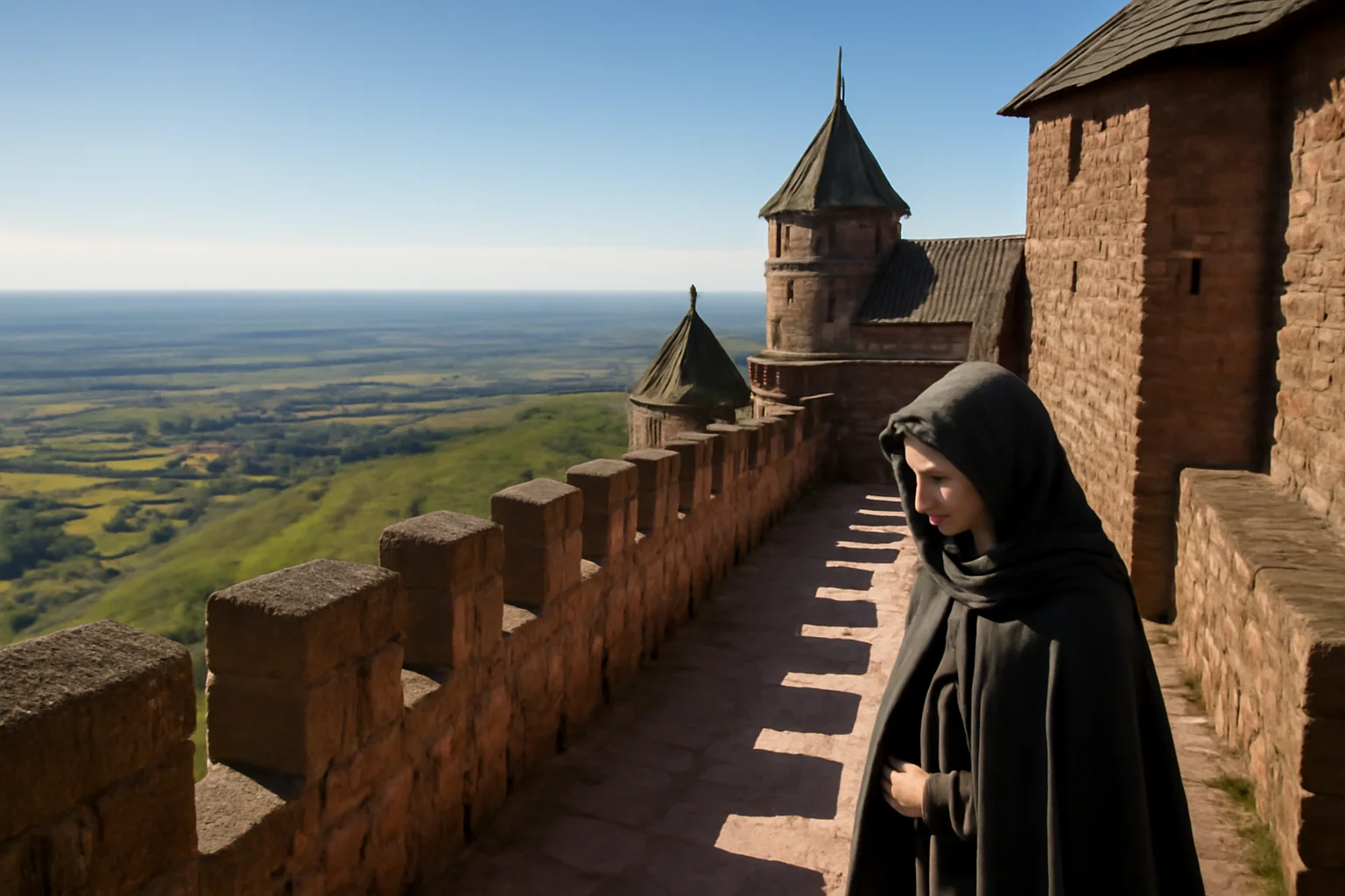 Femme visiteuse sur le chemin de ronde d'un château fort alsacien dominant la plaine et les vignobles