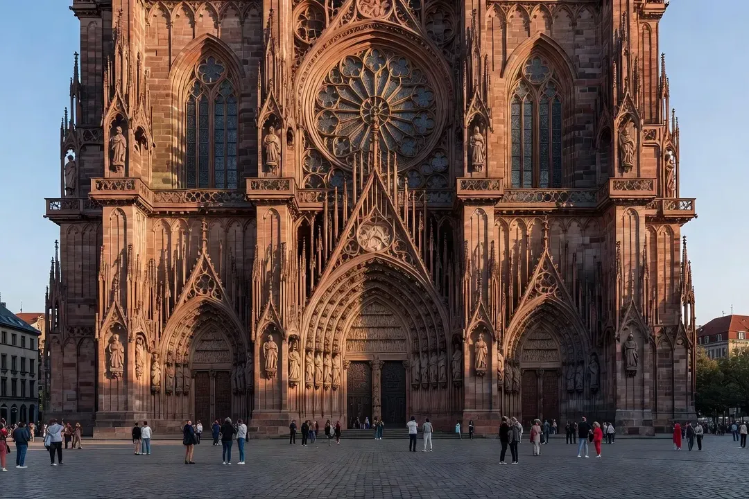 Façade occidentale de la cathédrale Notre-Dame de Strasbourg au coucher du soleil