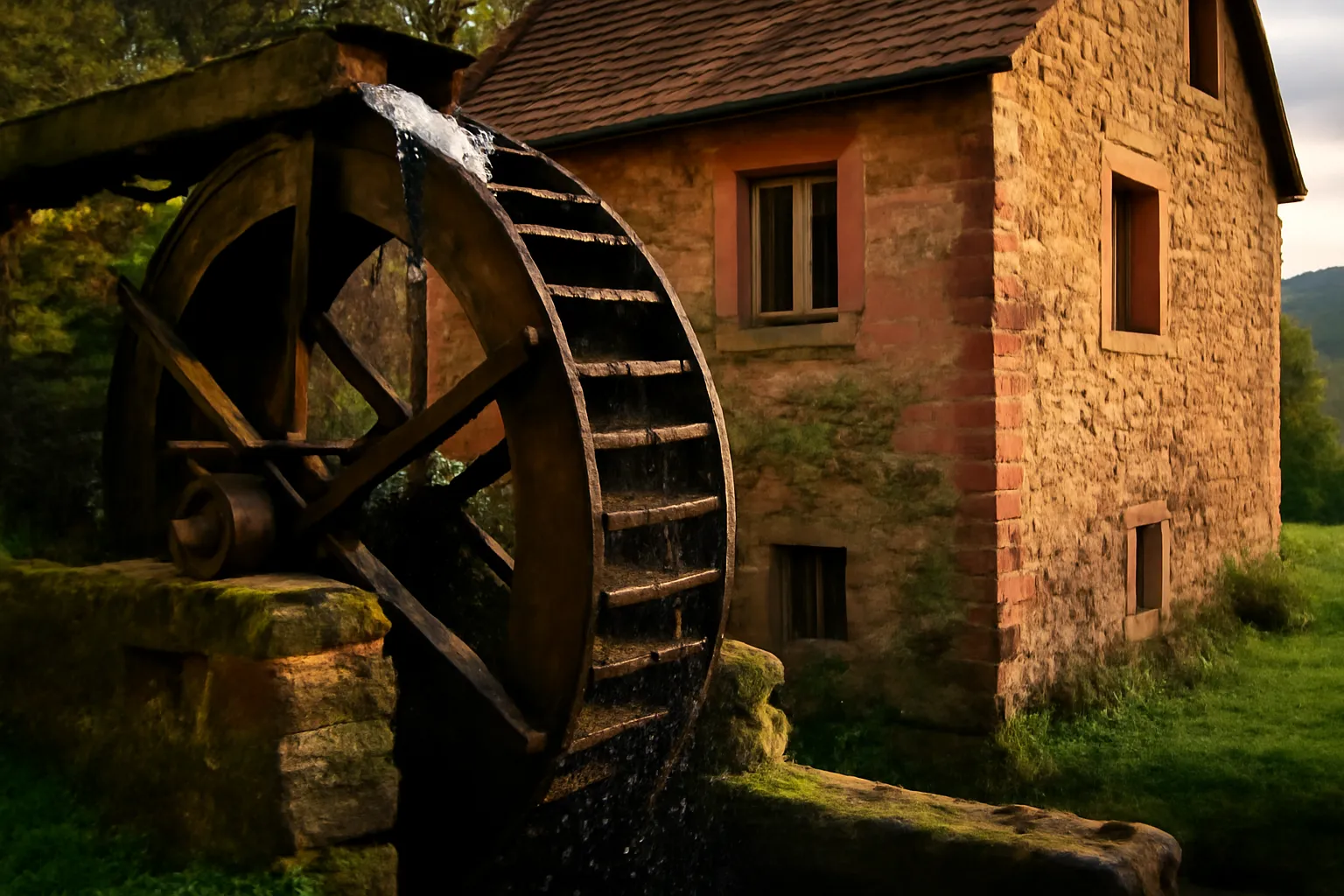 Roue à aubes en bois d’un moulin à eau alsacien, eau ruisselant sur les pales