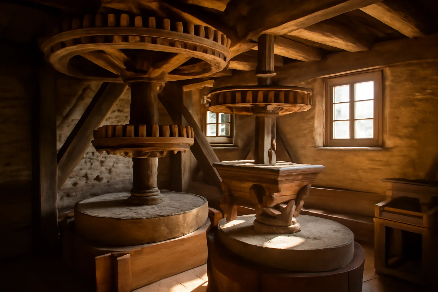 Engrenages et meules en bois d’un moulin à eau restauré, machinerie patrimoniale