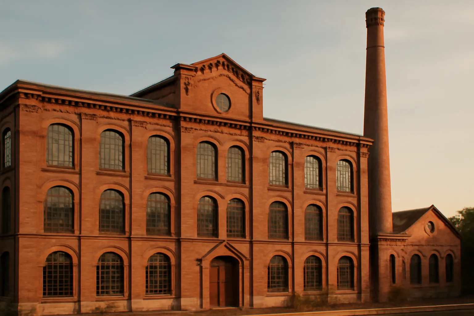 Façade en brique rouge d’une usine textile du XIXe siècle à Mulhouse, cheminée industrielle