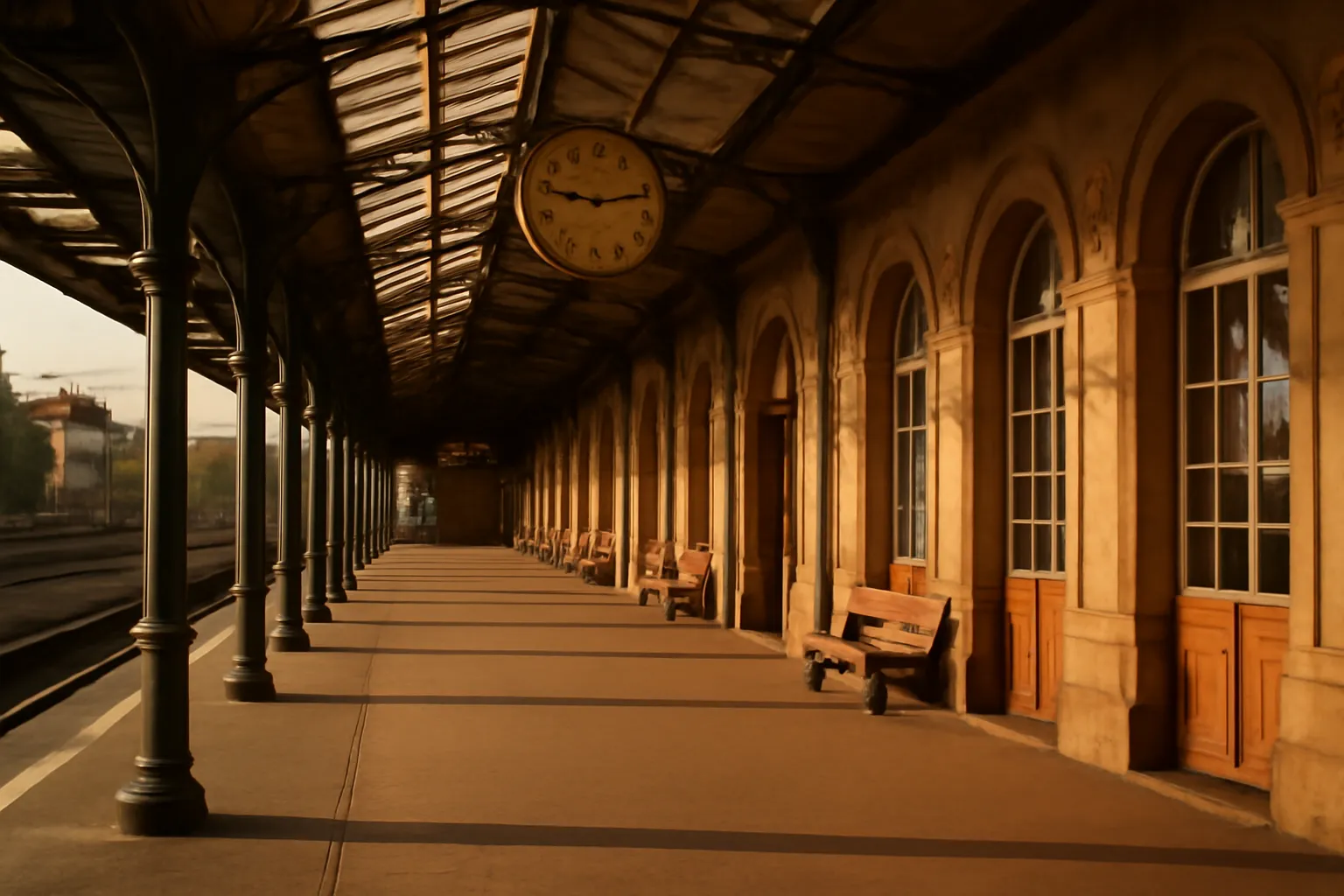 Quai de gare historique avec horloge et verrière métallique d’époque, patrimoine ferroviaire alsacien