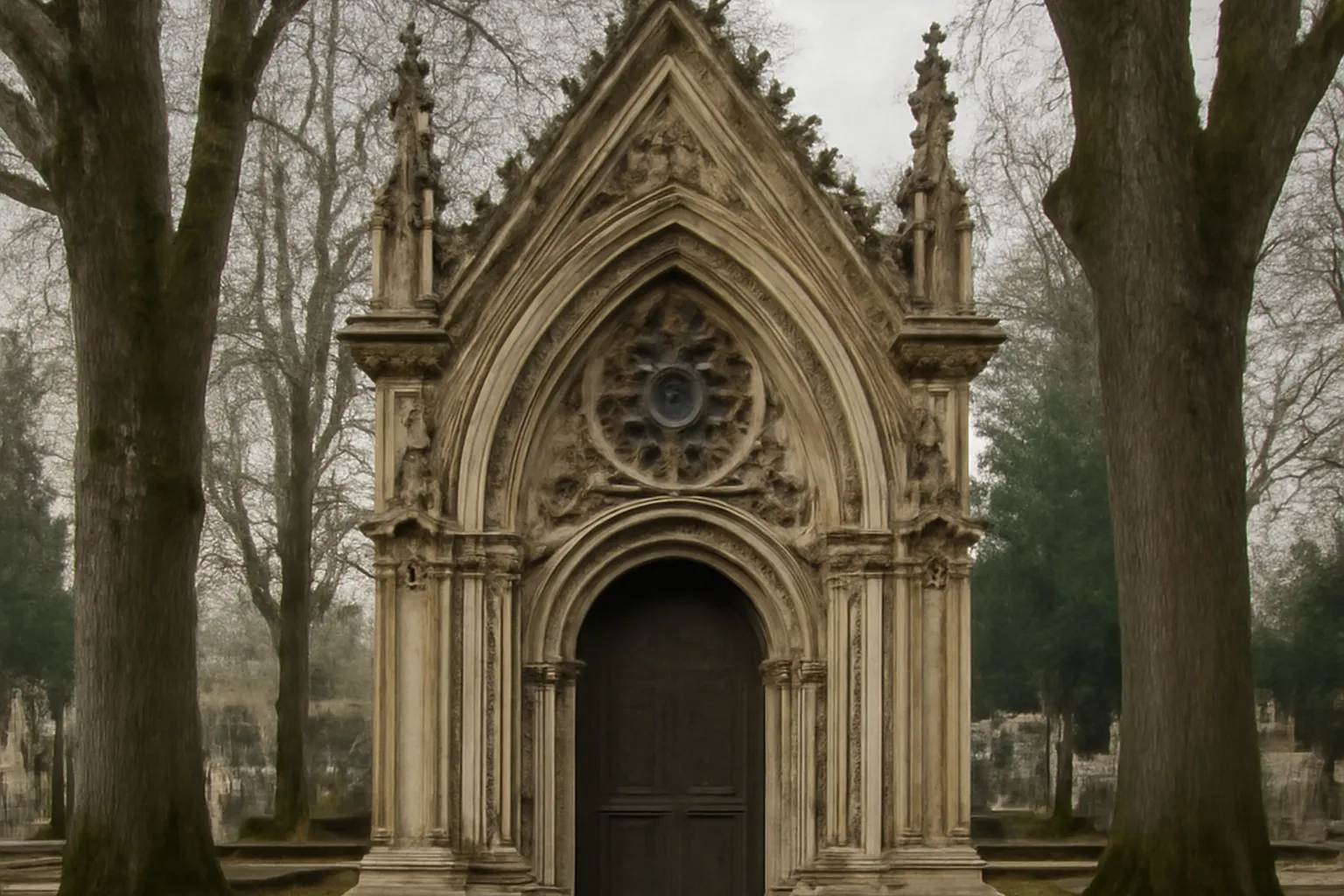 Chapelle funéraire familiale en pierre de style néo-gothique dans un cimetière alsacien