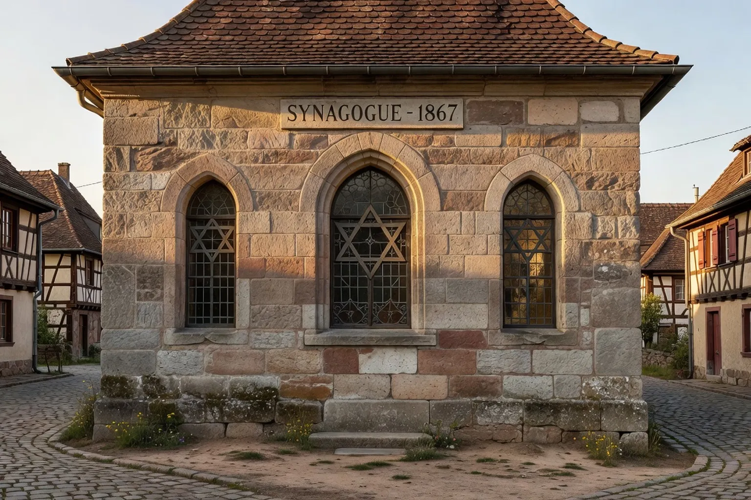 Synagogue alsacienne du XIXe siècle en gres, facade avec rosace et inscriptions hebraiques, village du Bas-Rhin