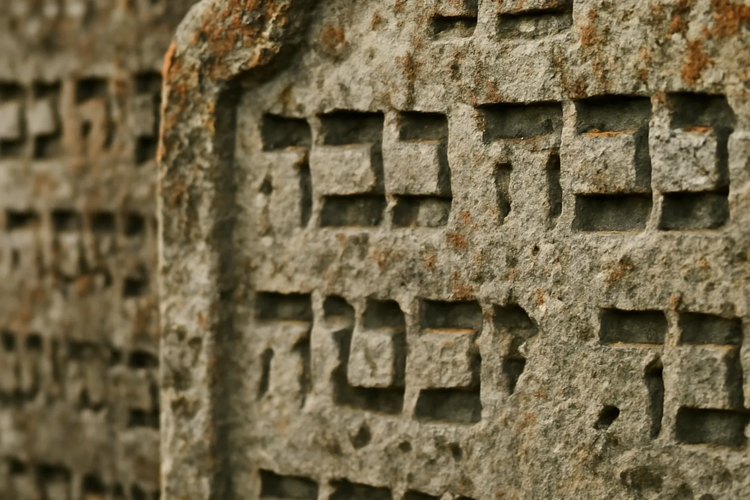 Cimetière israélite alsacien, allées de steles en gres rose des Vosges couvertes de mousse sous des arbres centenaires