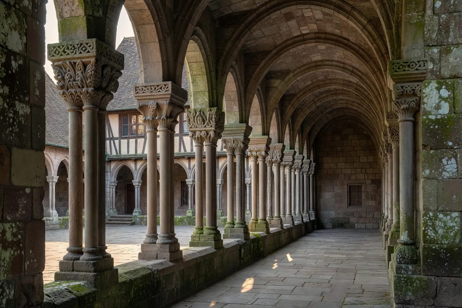 Galerie d’un cloître roman alsacien avec colonnes torsadées et arcades en plein cintre
