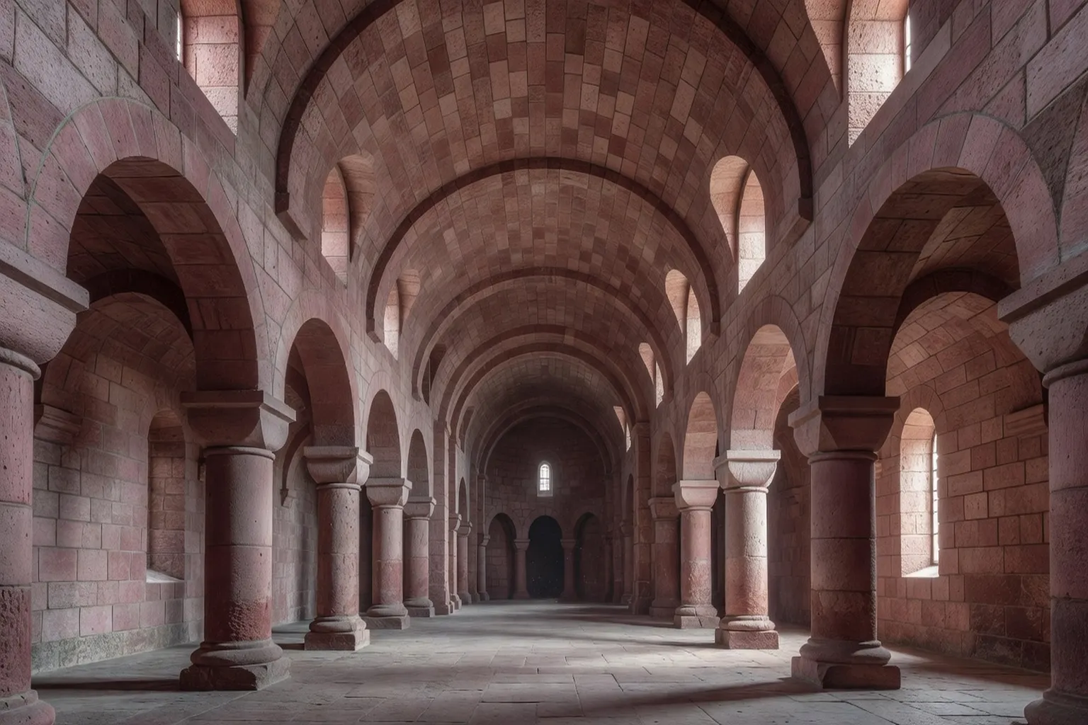 Intérieur d’une église prieurale romane en Alsace, voûtes en berceau et pierre rose
