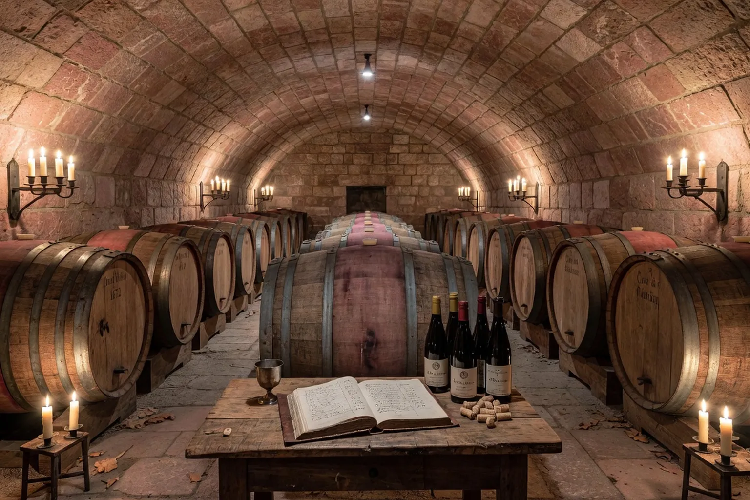 Cave historique alsacienne avec fûts de chêne médiévaux