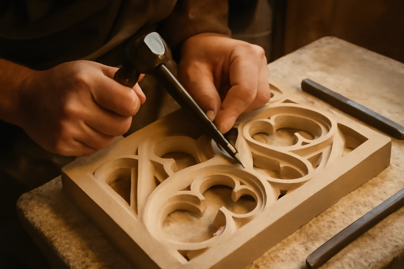 Mains d’un tailleur de pierre sculptant un remplage gothique au ciseau, atelier de restauration