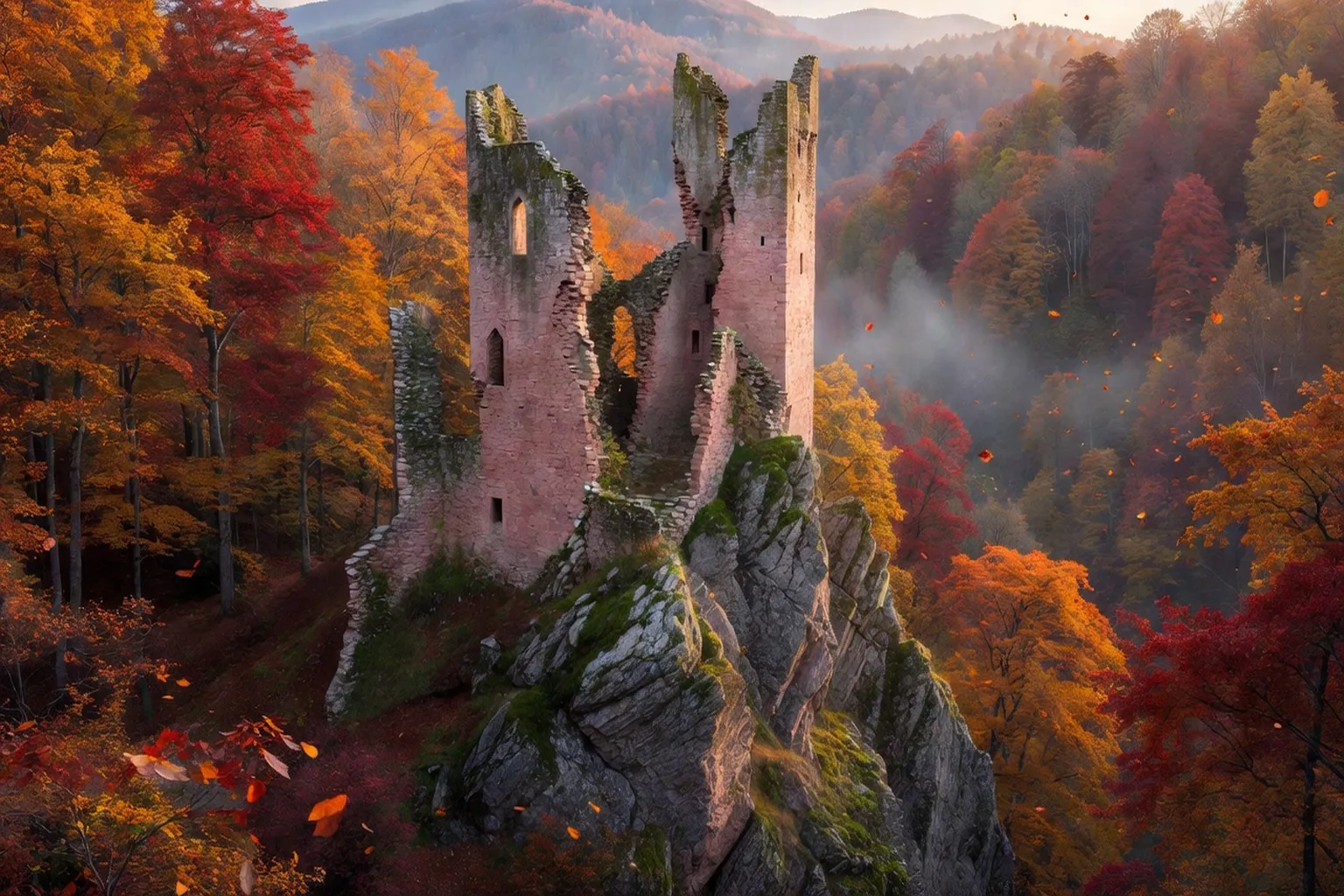 Donjon médiéval alsacien en ruines dans la forêt vosgienne, grès rose