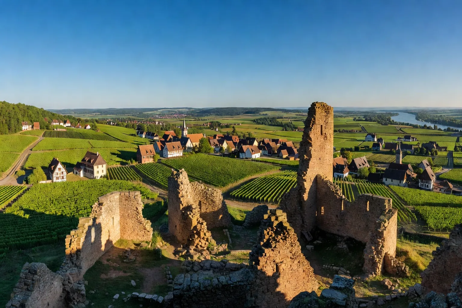 Panorama depuis un château alsacien, vue sur la plaine d’Alsace et le Rhin