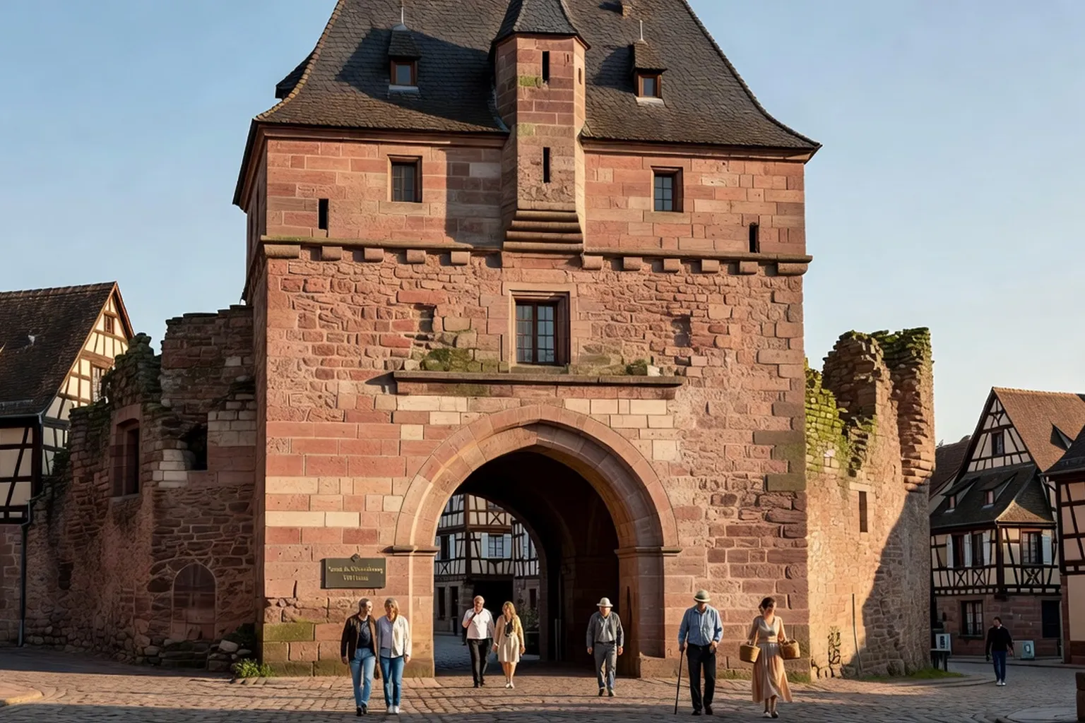 Rempart medieval d’Obernai en gres rose, chemin de ronde et tour de guet dominant les toits a colombages alsaciens