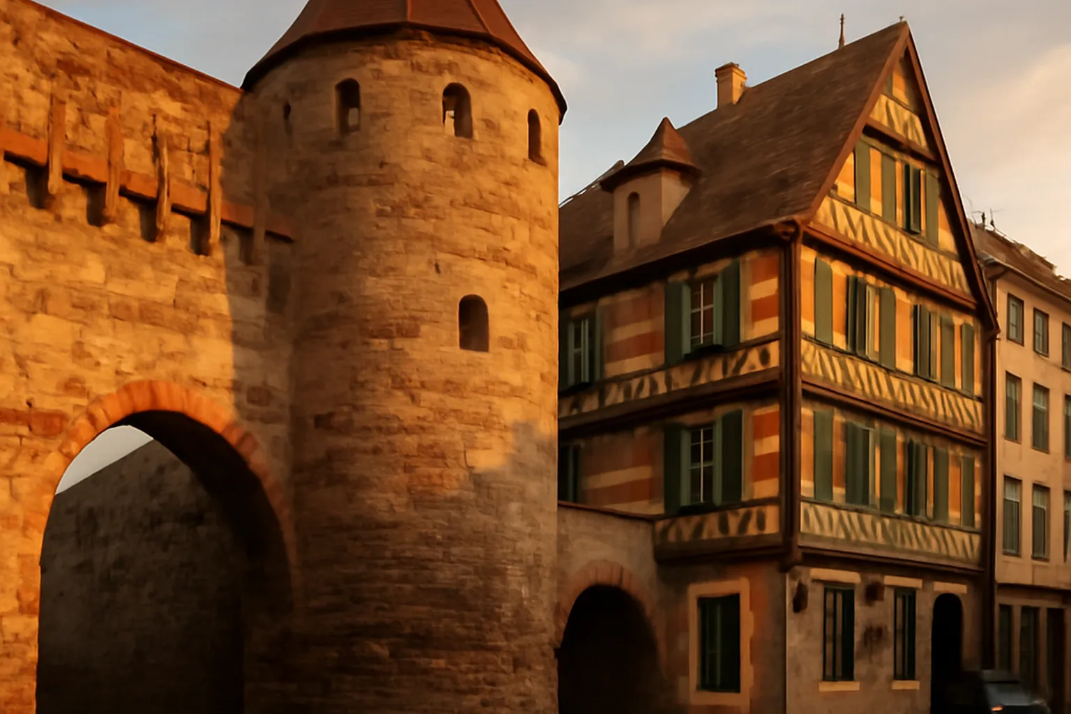 Porte fortifiée médiévale de Wissembourg avec herse en bois et pont-leve, tour d’enceinte en gres attenante