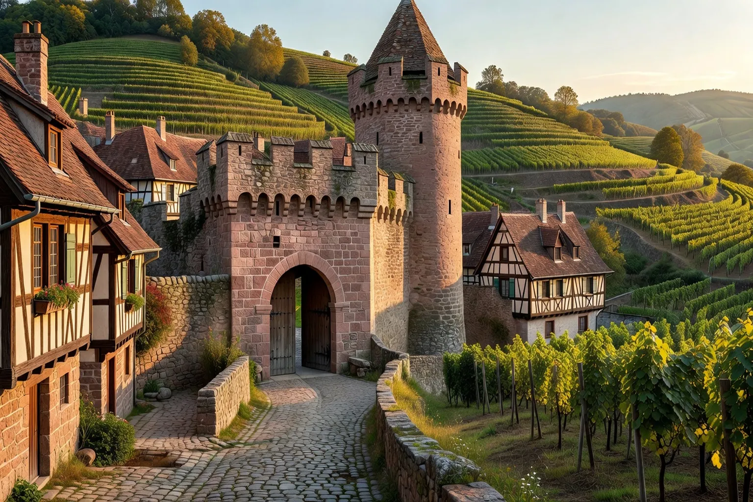 Remparts médiévaux d’un village alsacien avec porte fortifiée en grès rose