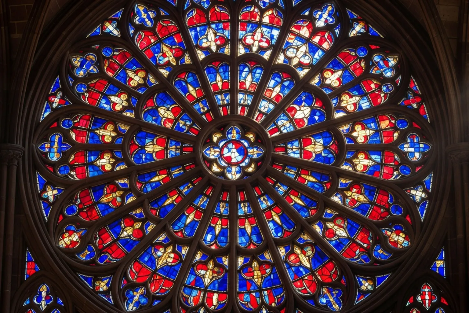 Verrière romane médiévale dans une baie haute de cathédrale gothique