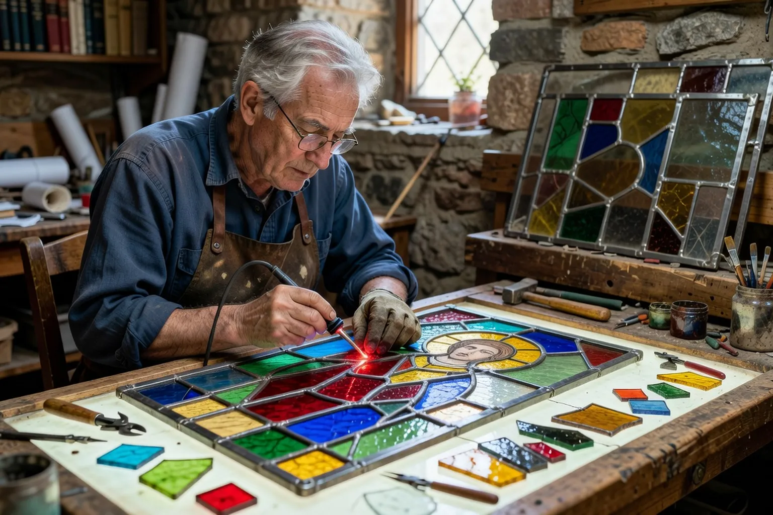 Détail de plombs et de verre coloré assemblés dans un panneau de vitrail ancien